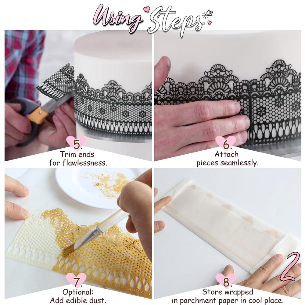 FUNSHOWCASE decorated wedding cake with gold lace border showcasing elegant result