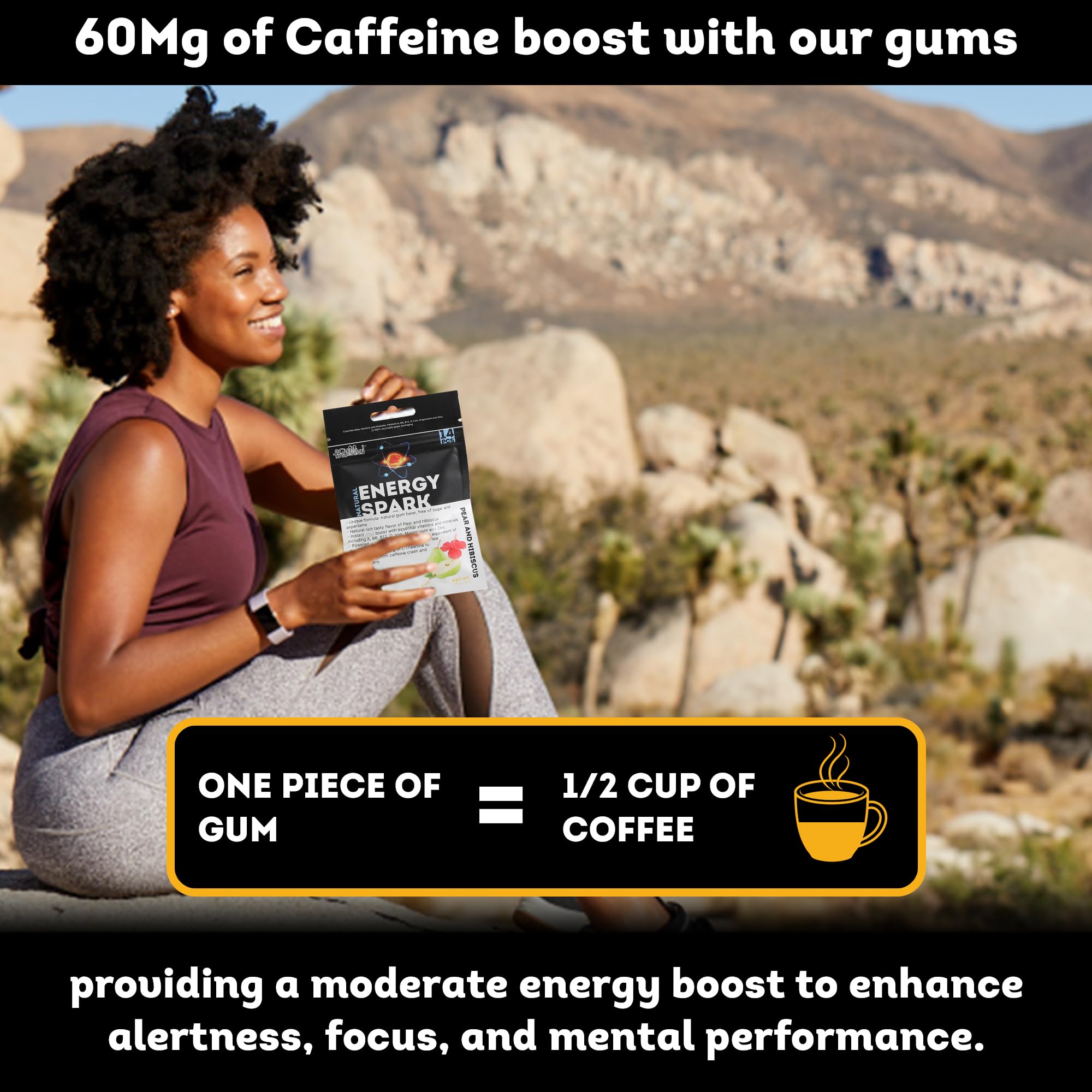 FUNSTITUTION gum beside coffee cup comparing caffeine dose for controlled energy benefit