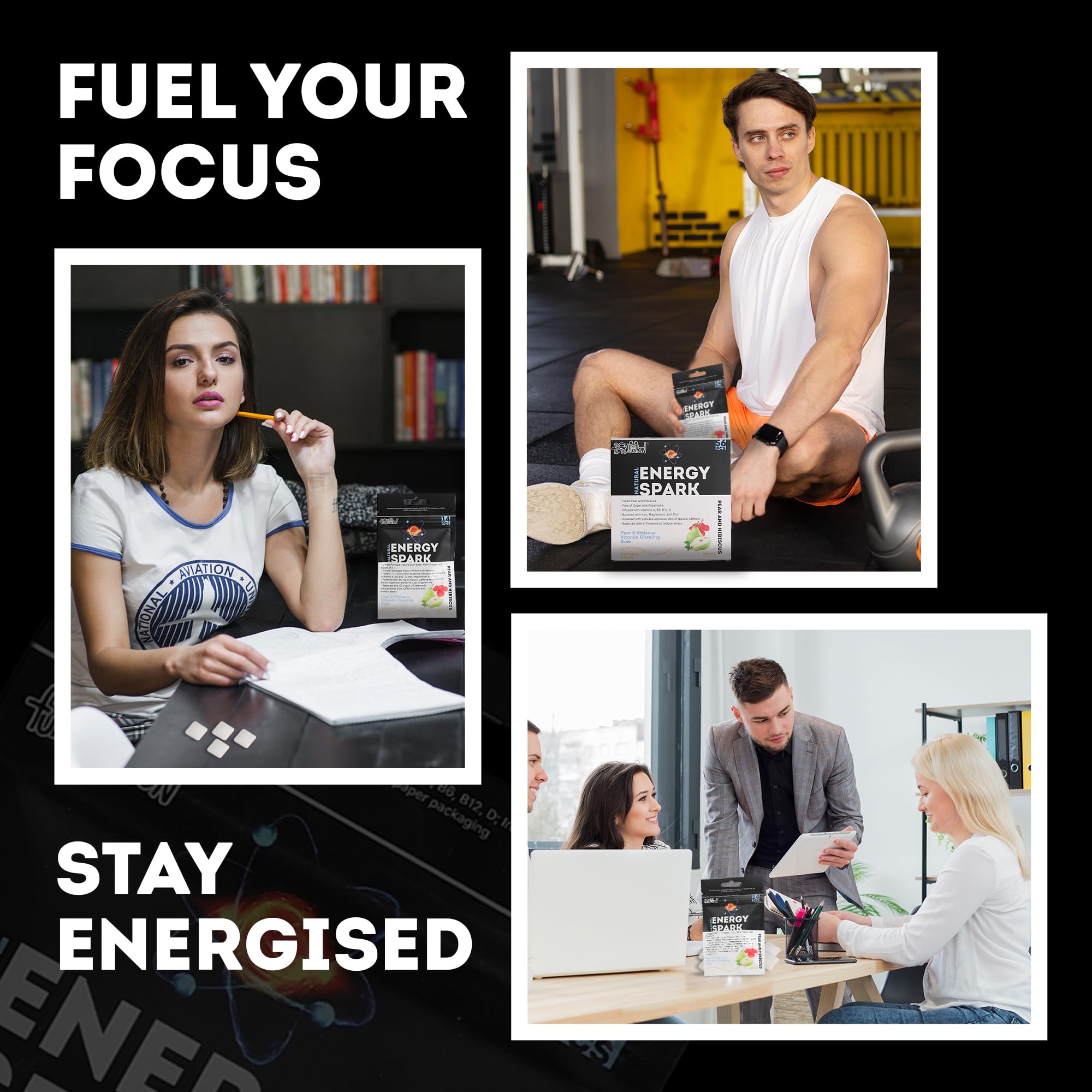 FUNSTITUTION icons of vitamins and L-theanine showing nutrient blend for steady alertness benefit