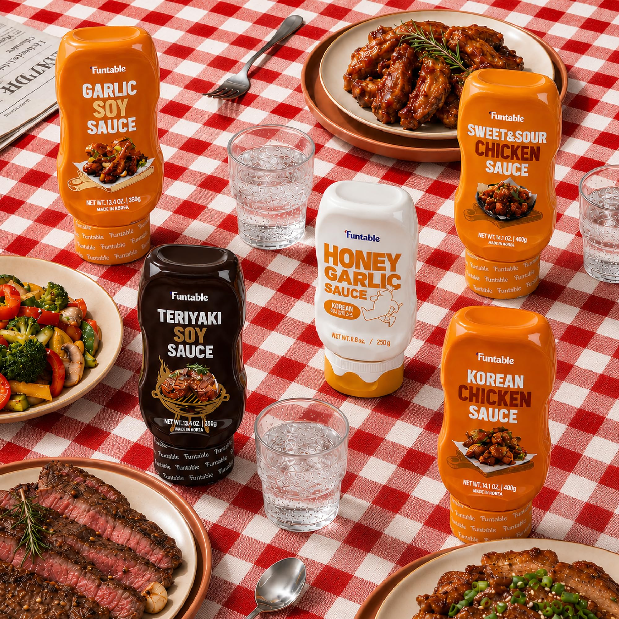 Funtable bottle beside utensils illustrating 13.4 oz scale and pantry-friendly size
