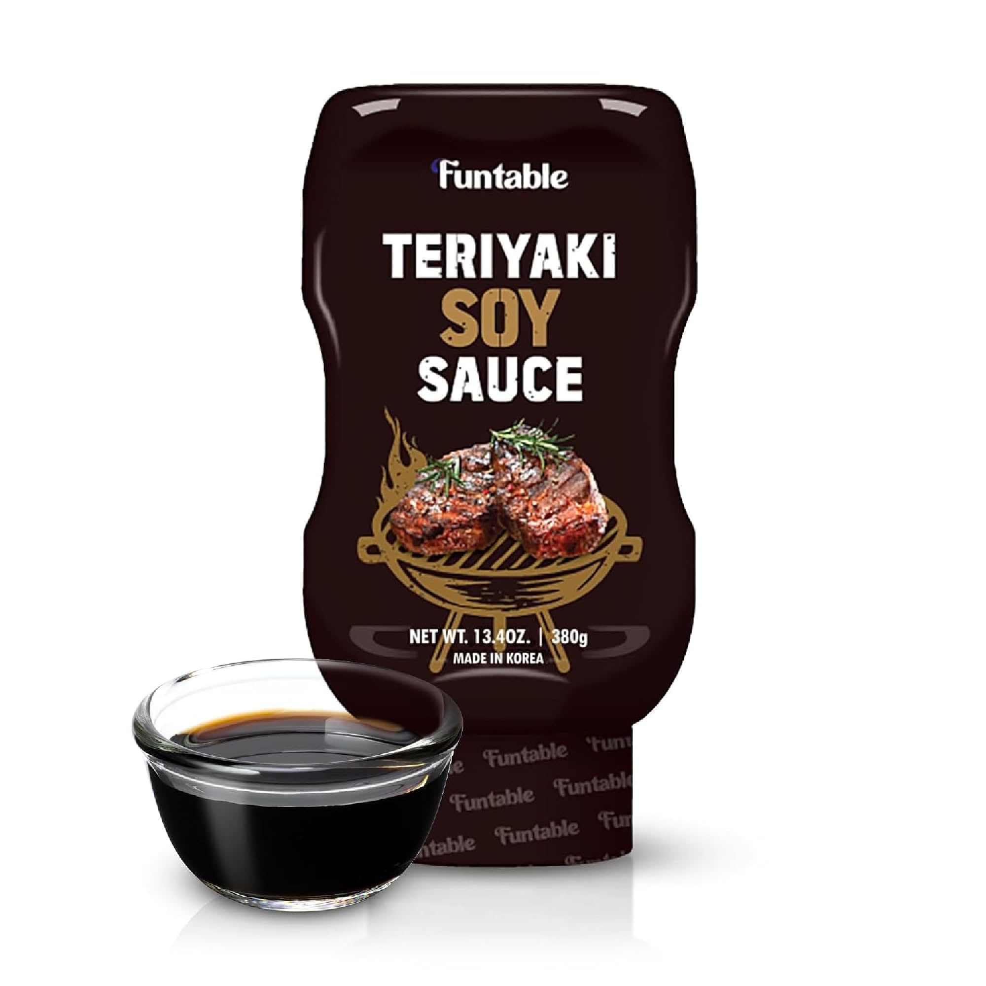 Funtable front packaging shows teriyaki bottle and clear label, enticing fast meal prep