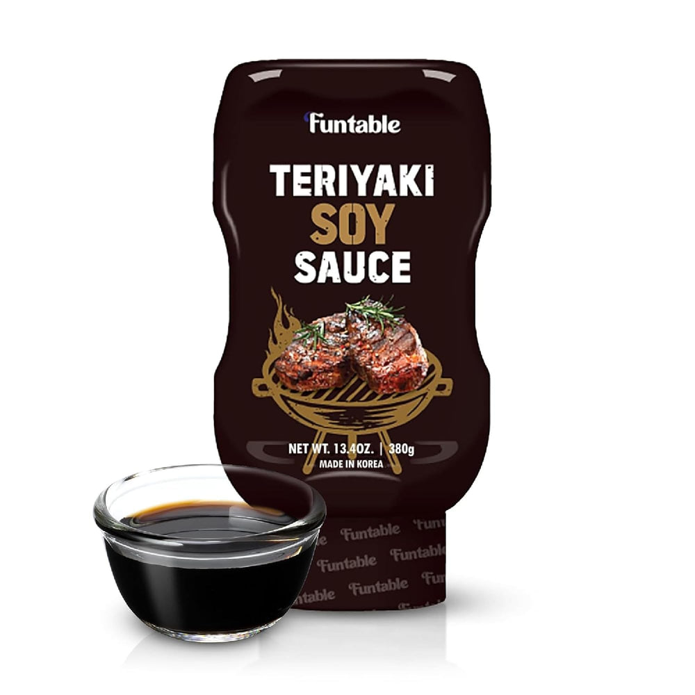Funtable front packaging shows teriyaki bottle and clear label, enticing fast meal prep