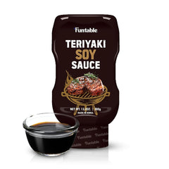 Funtable front packaging shows teriyaki bottle and clear label, enticing fast meal prep