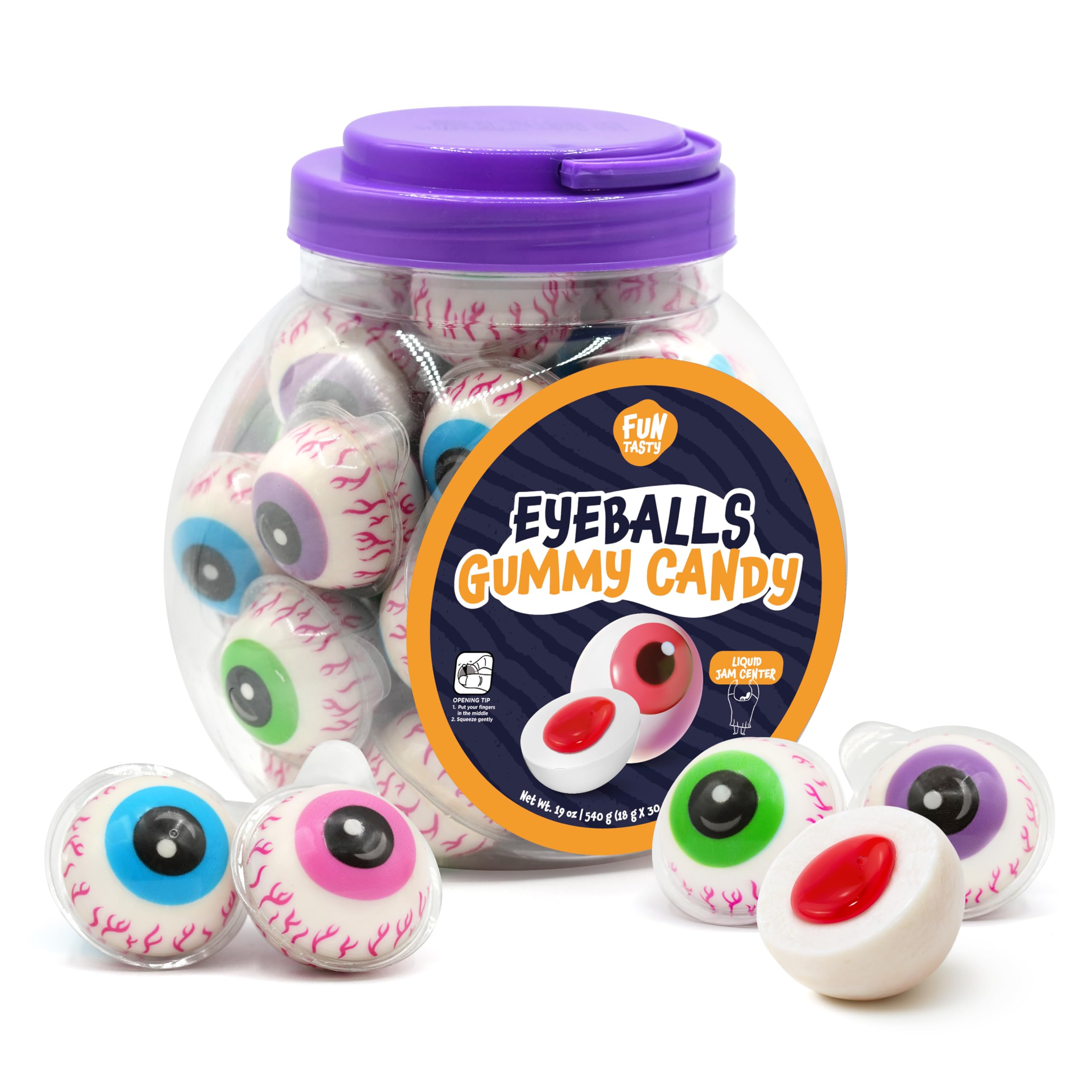 FUNTASTY jar front view showing spooky eyeball gummies and resealable lid benefit freshness