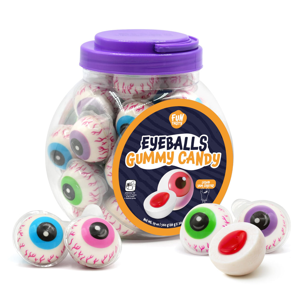 FUNTASTY jar front view showing spooky eyeball gummies and resealable lid benefit freshness