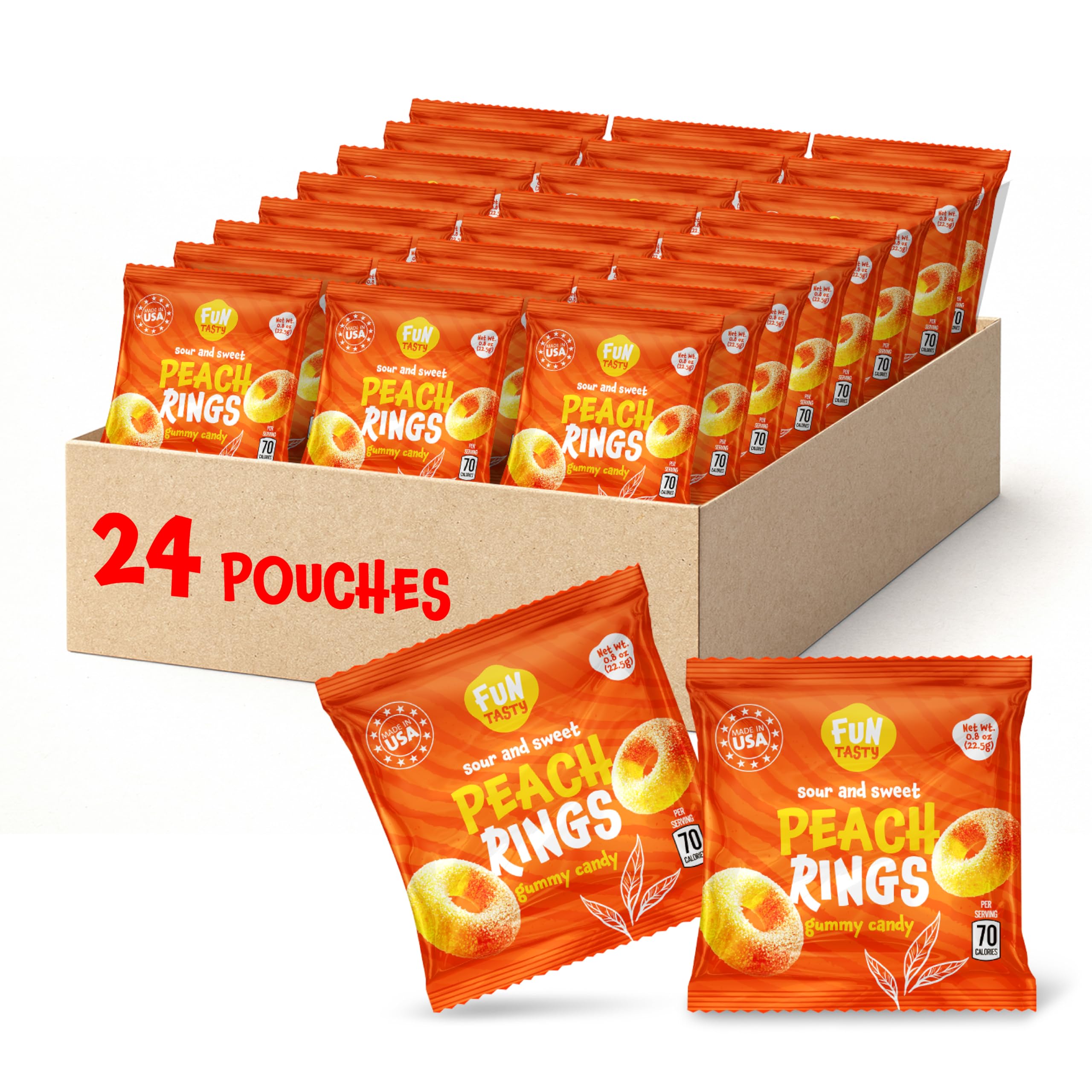 FUNTASTY front packaging showing 24 mini peach rings pouches for easy distribution