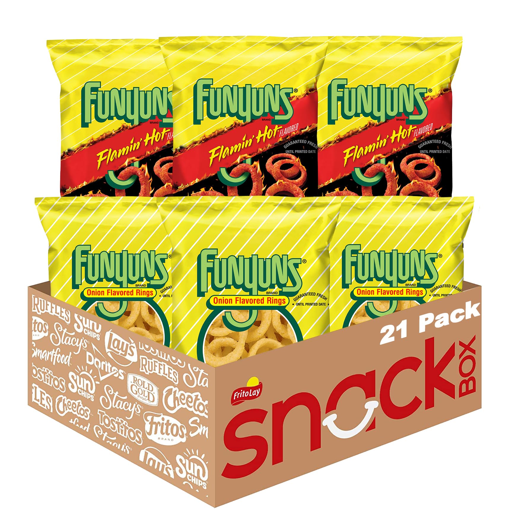 Funyuns front pack of 21 bags showing brand and count, convenient for stocking