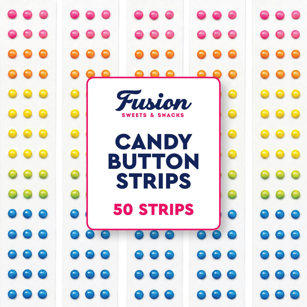 Fusion Sweets And Snacks front packaging showing colorful candy buttons and quantity
