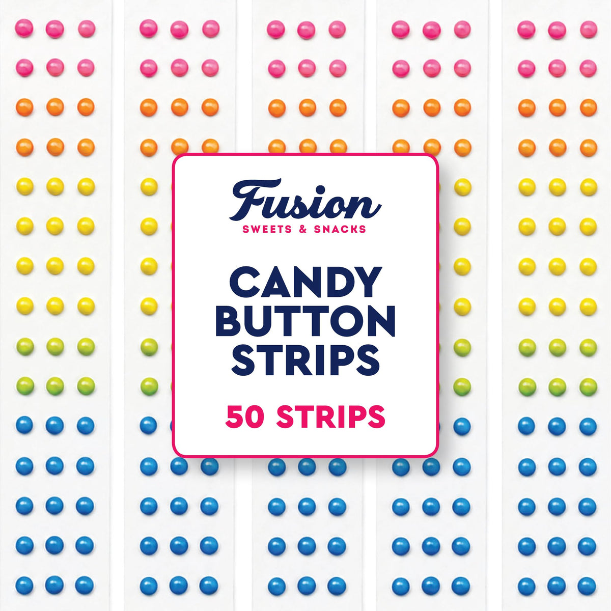 Fusion Sweets And Snacks front packaging showing colorful candy buttons and quantity