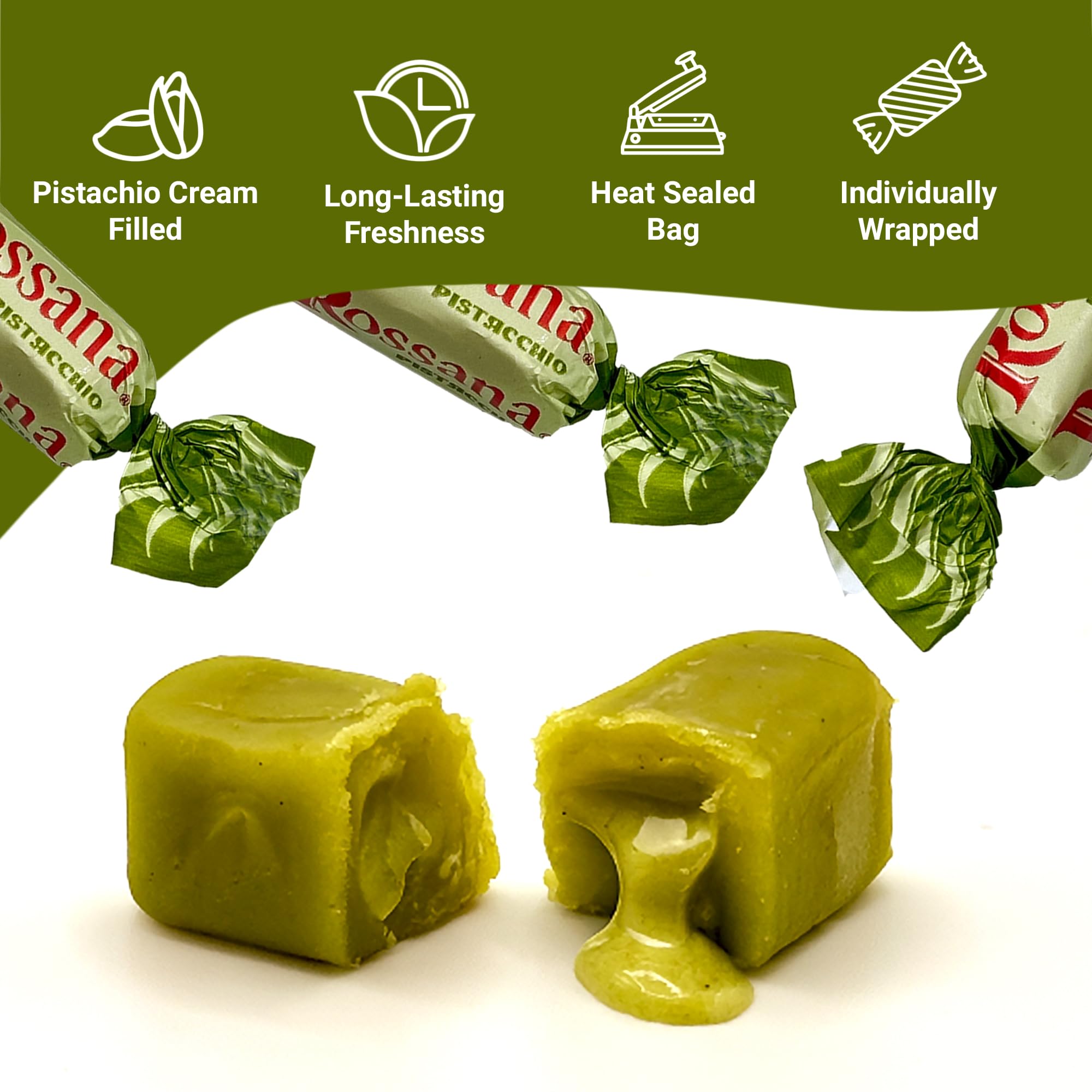 Fusion Sweets And Snacks close-up of candy surface showing pistachio filling benefit: highlights quality