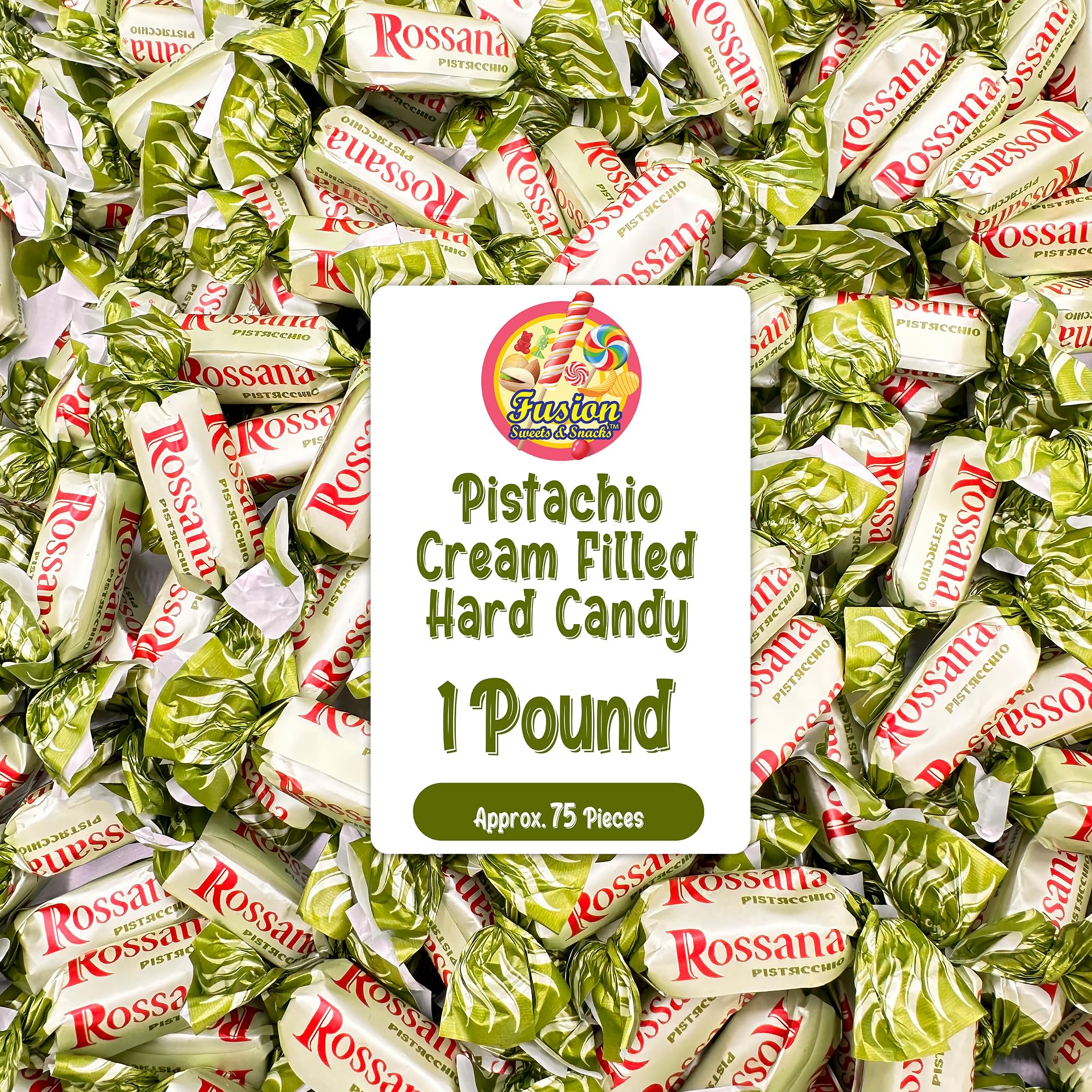 Fusion Sweets And Snacks front bag showing Rossana pistachio candy and clear branding benefit: easy gift ready