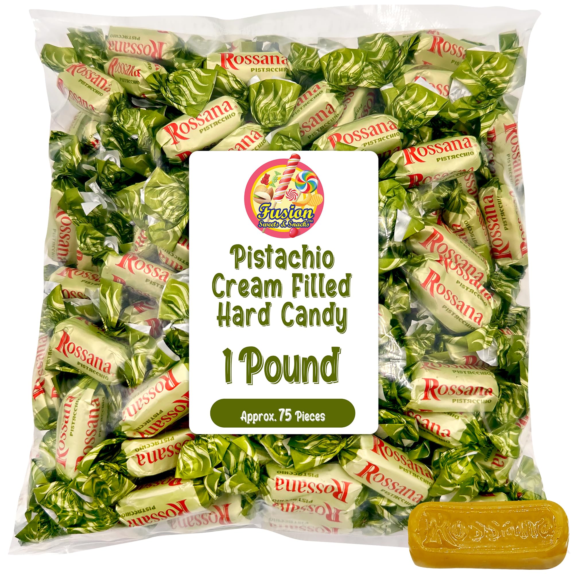 Fusion Sweets And Snacks unwrapped Rossana piece revealing creamy pistachio center benefit: visible texture