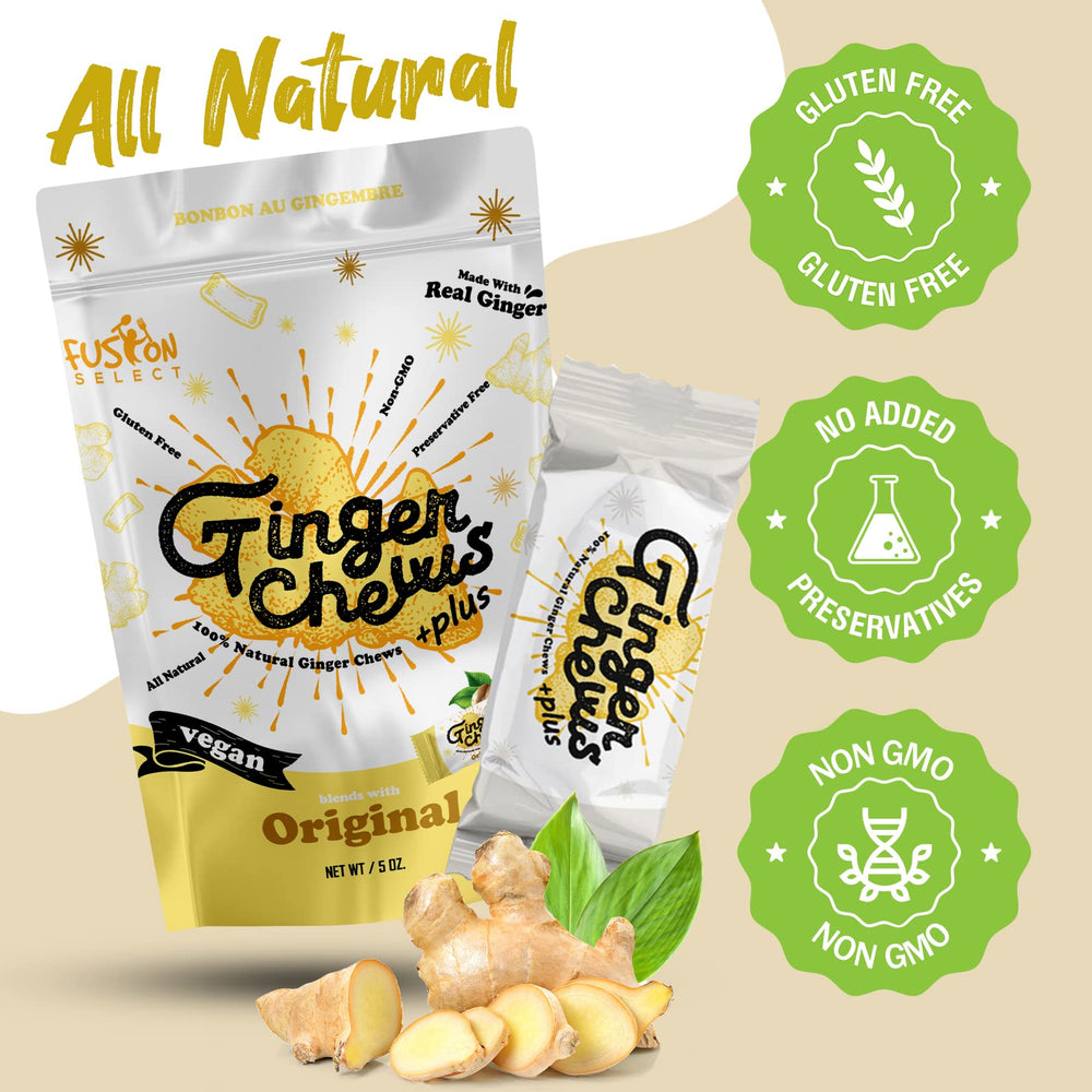 Fusion Select close-up of ginger chew texture highlighting real ginger pieces