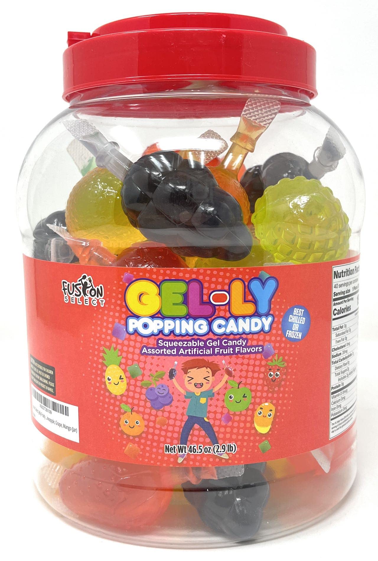 FUSION SELECT jar front view showing colorful fruit-shaped jellies and resealable lid