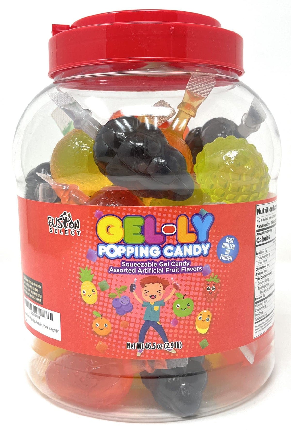 FUSION SELECT jar front view showing colorful fruit-shaped jellies and resealable lid