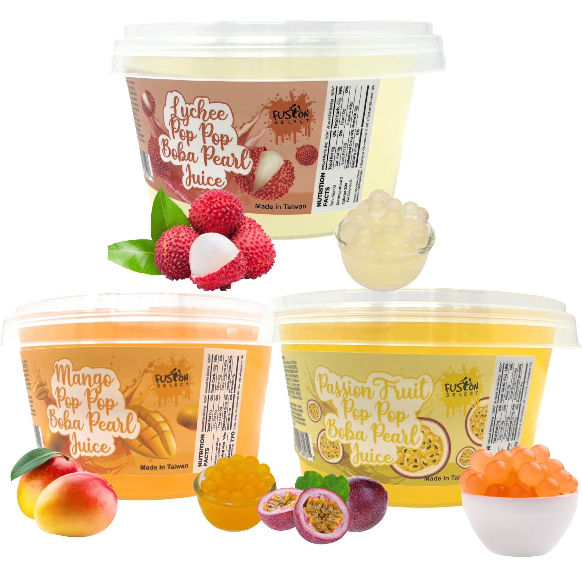Fusion Select front jar view showing colorful boba pearls and packaging benefits