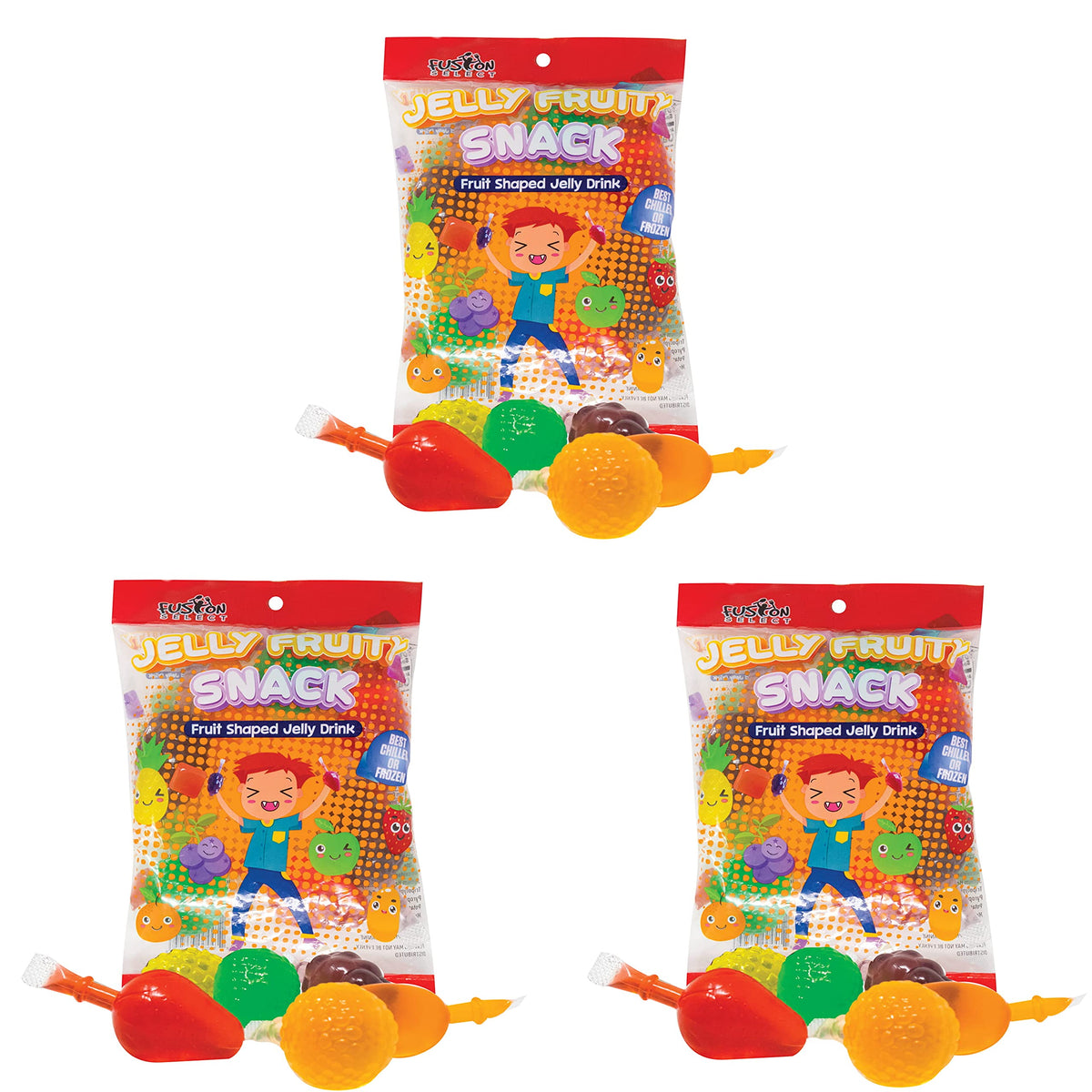 Fusion Select front packaging of three bags showing colorful fruit shapes and portion convenience