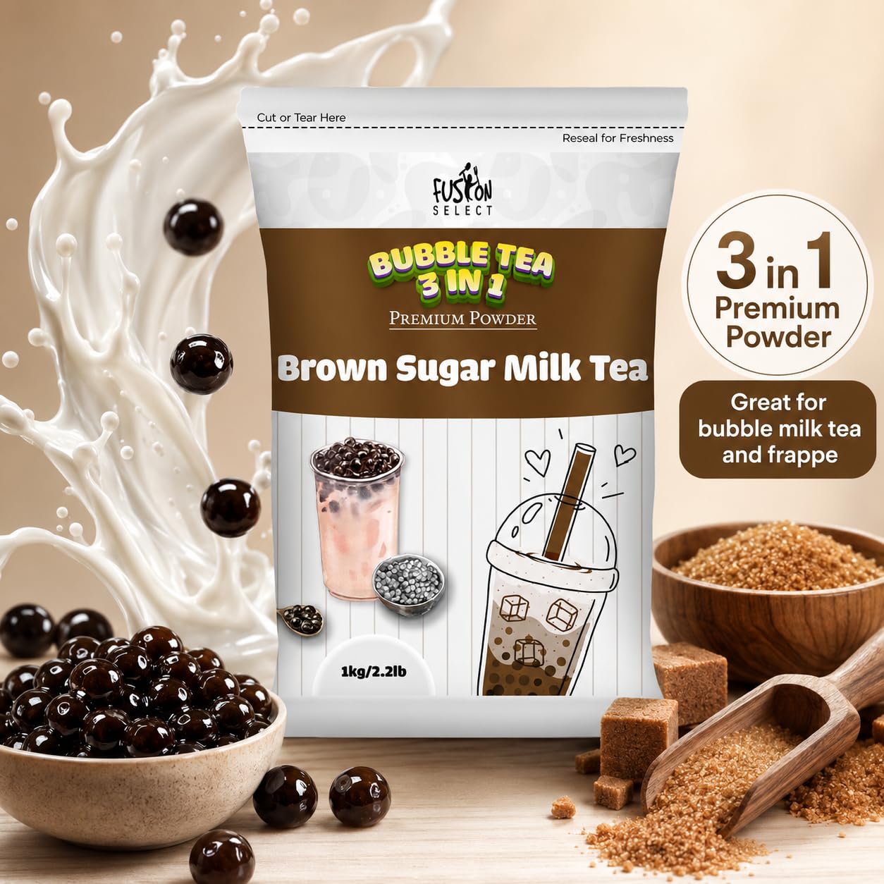 Fusion Select iced milk tea with boba showing refreshing cold serve and sweet brown sugar flavor