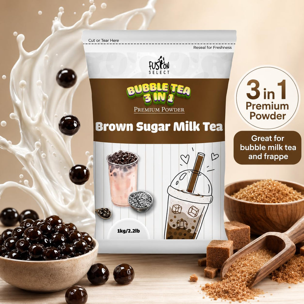 Fusion Select iced milk tea with boba showing refreshing cold serve and sweet brown sugar flavor