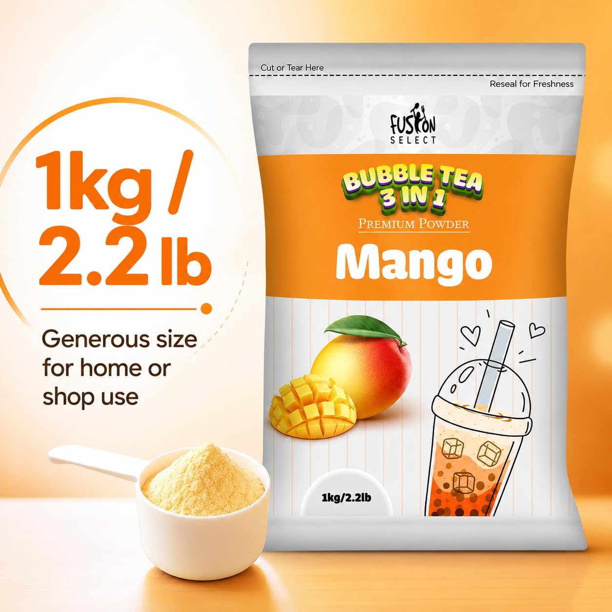 Fusion Select iced mango drink in glass demonstrating refreshing convenience