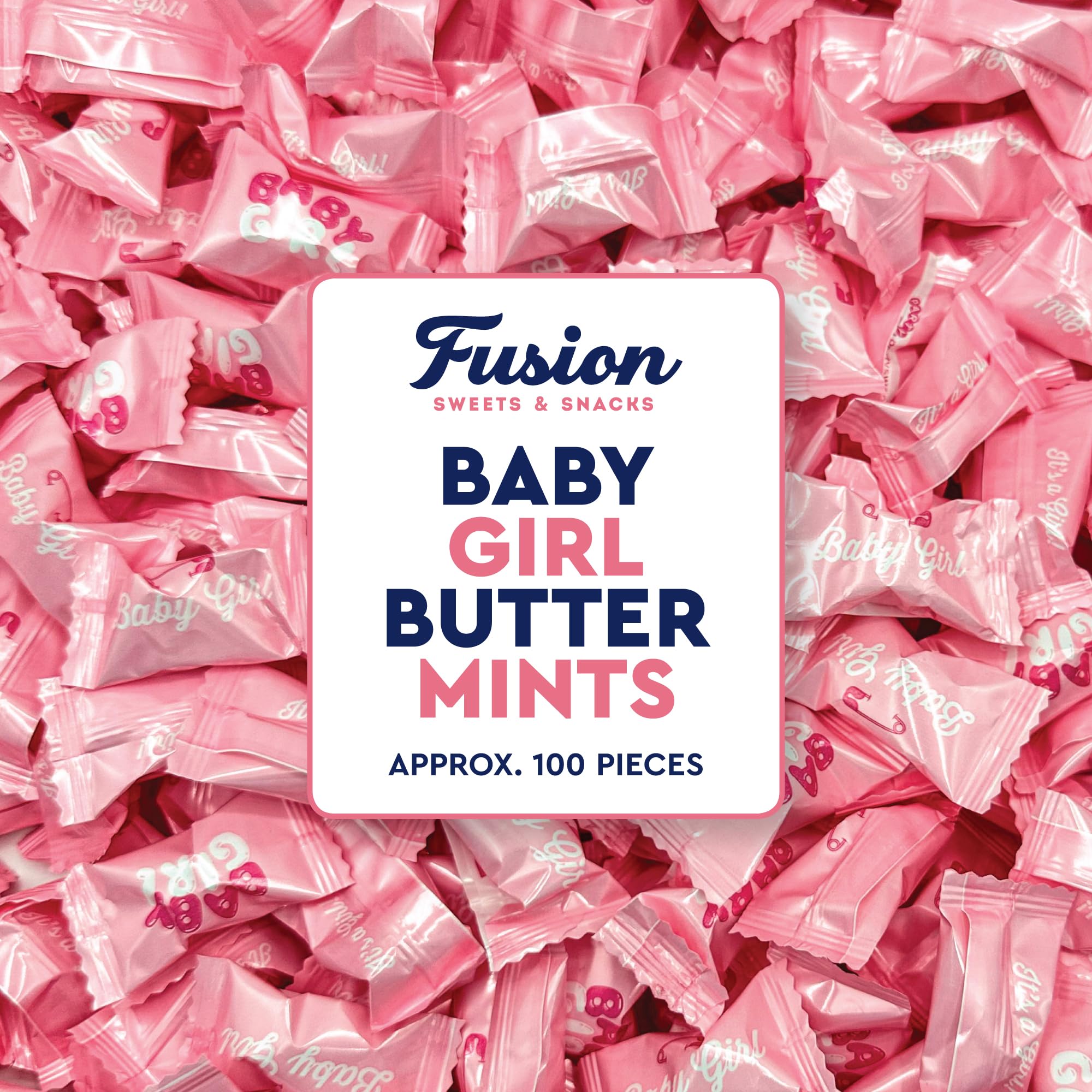Fusion Sweets And Snacks front packaging showing 100 pink buttermints for easy party planning