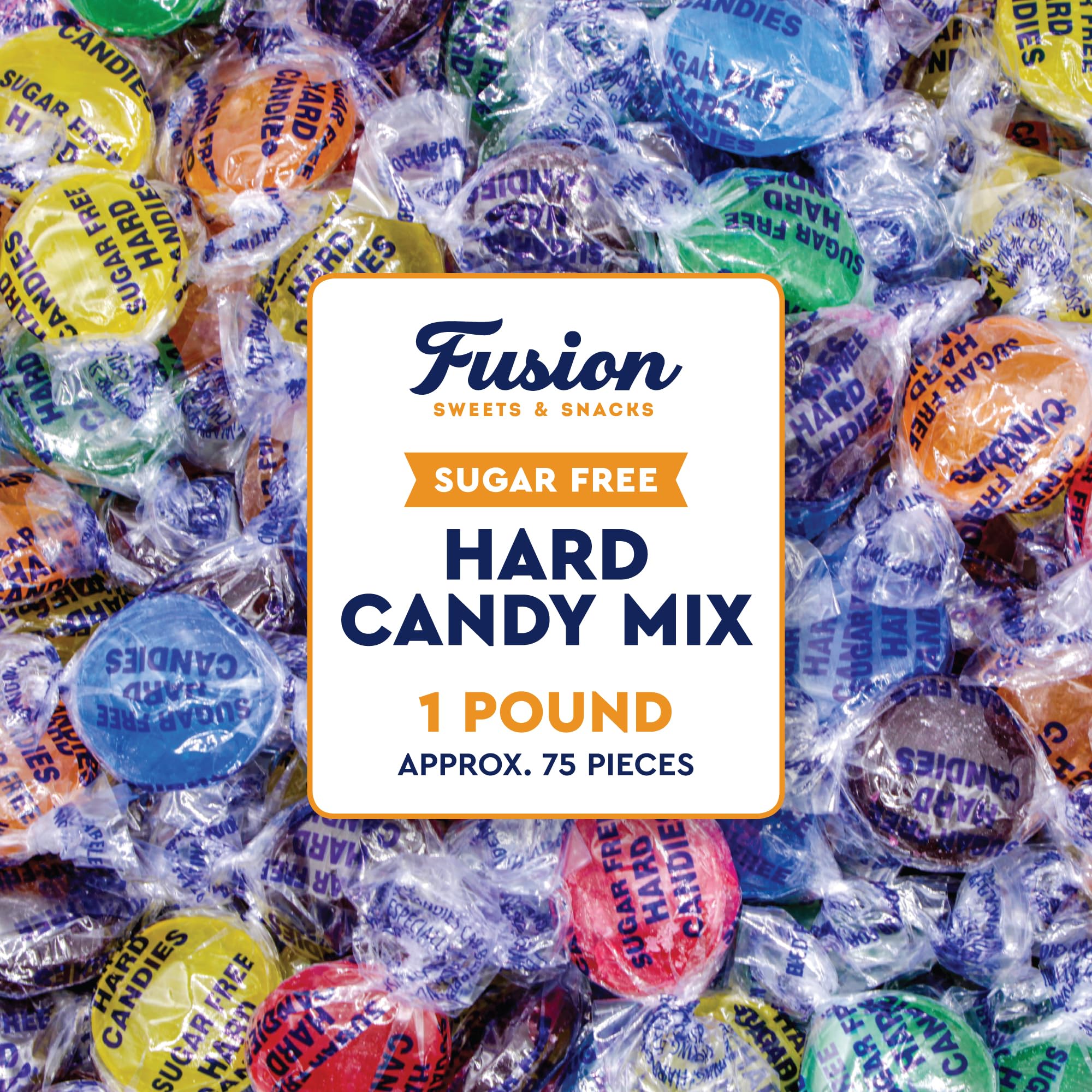 Fusion Sweets And Snacks front packaging showing one-pound sugar free assortment benefits