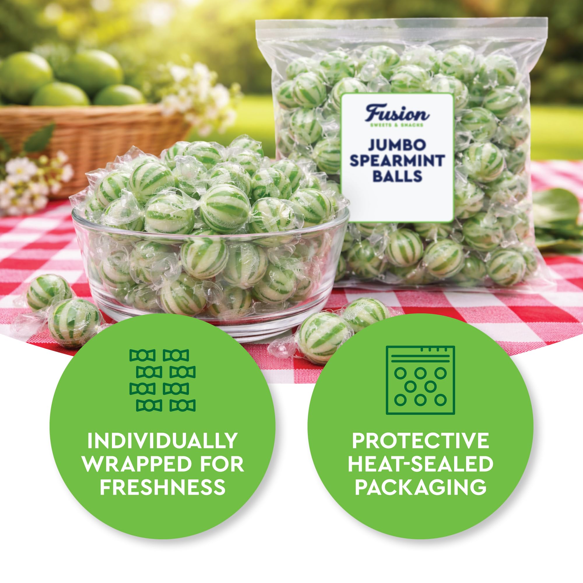 Fusion Sweets And Snacks individually wrapped spearmint balls pile, easy sharing benefit