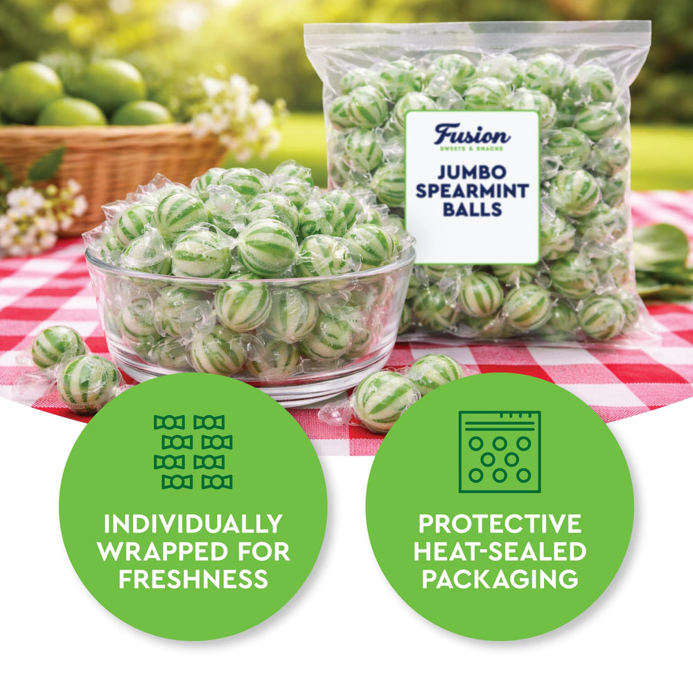 Fusion Sweets And Snacks individually wrapped spearmint balls pile, easy sharing benefit