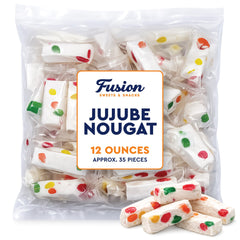 Fusion Sweets And Snacks open bag with individually wrapped nougats emphasizing freshness