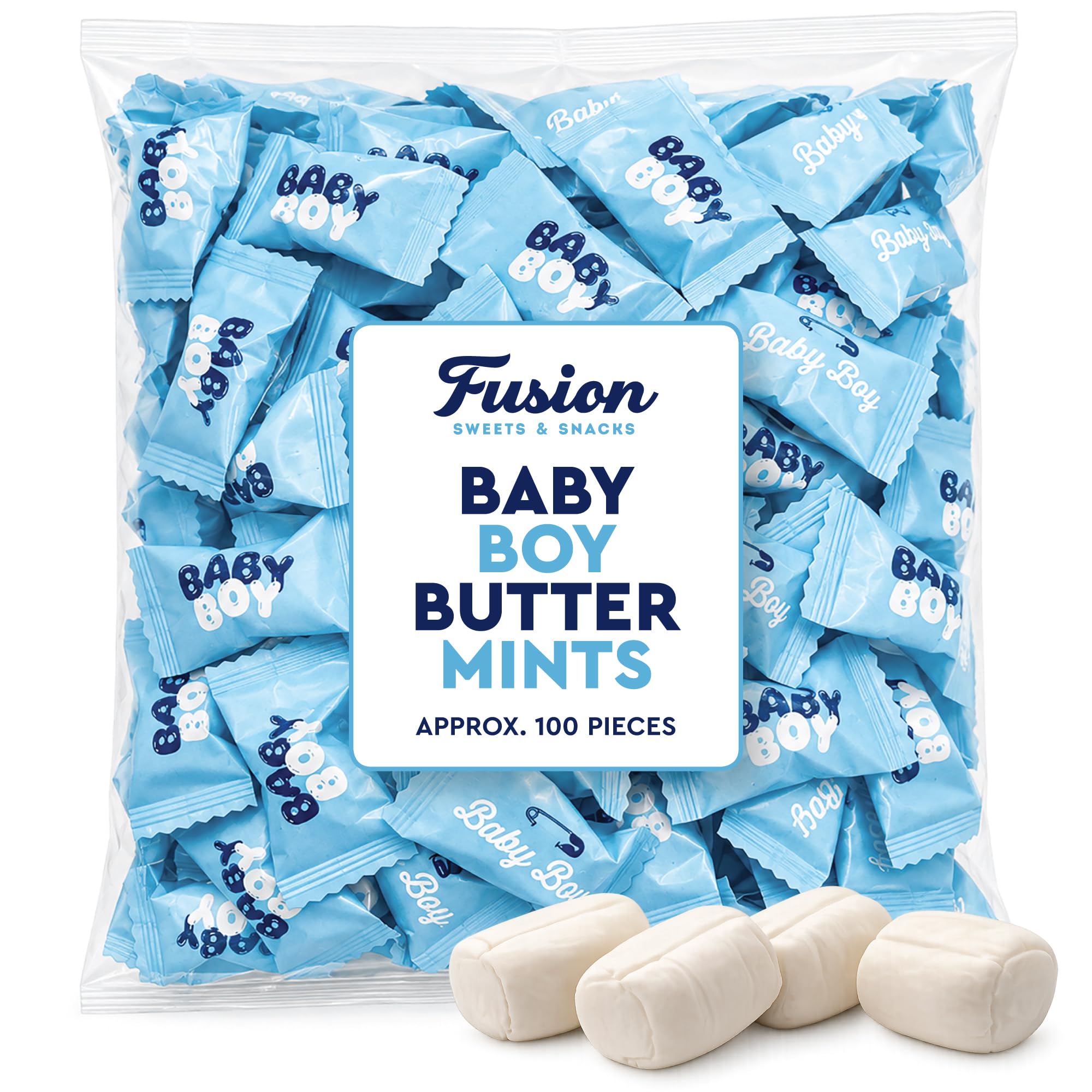 Fusion Sweets And Snacks close-up of "It's a Boy" wrapper, highlights hygienic individual wrapping