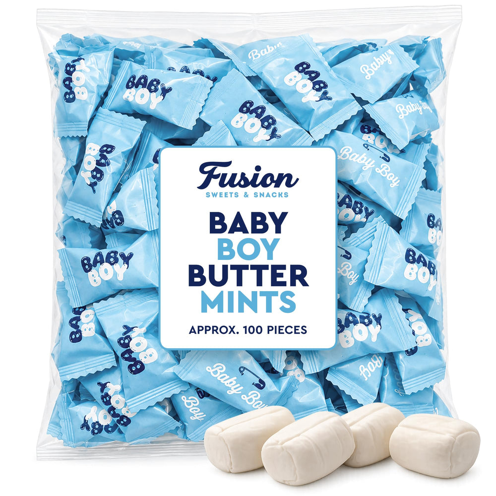 Fusion Sweets And Snacks close-up of "It's a Boy" wrapper, highlights hygienic individual wrapping