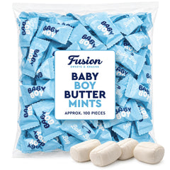 Fusion Sweets And Snacks close-up of "It's a Boy" wrapper, highlights hygienic individual wrapping