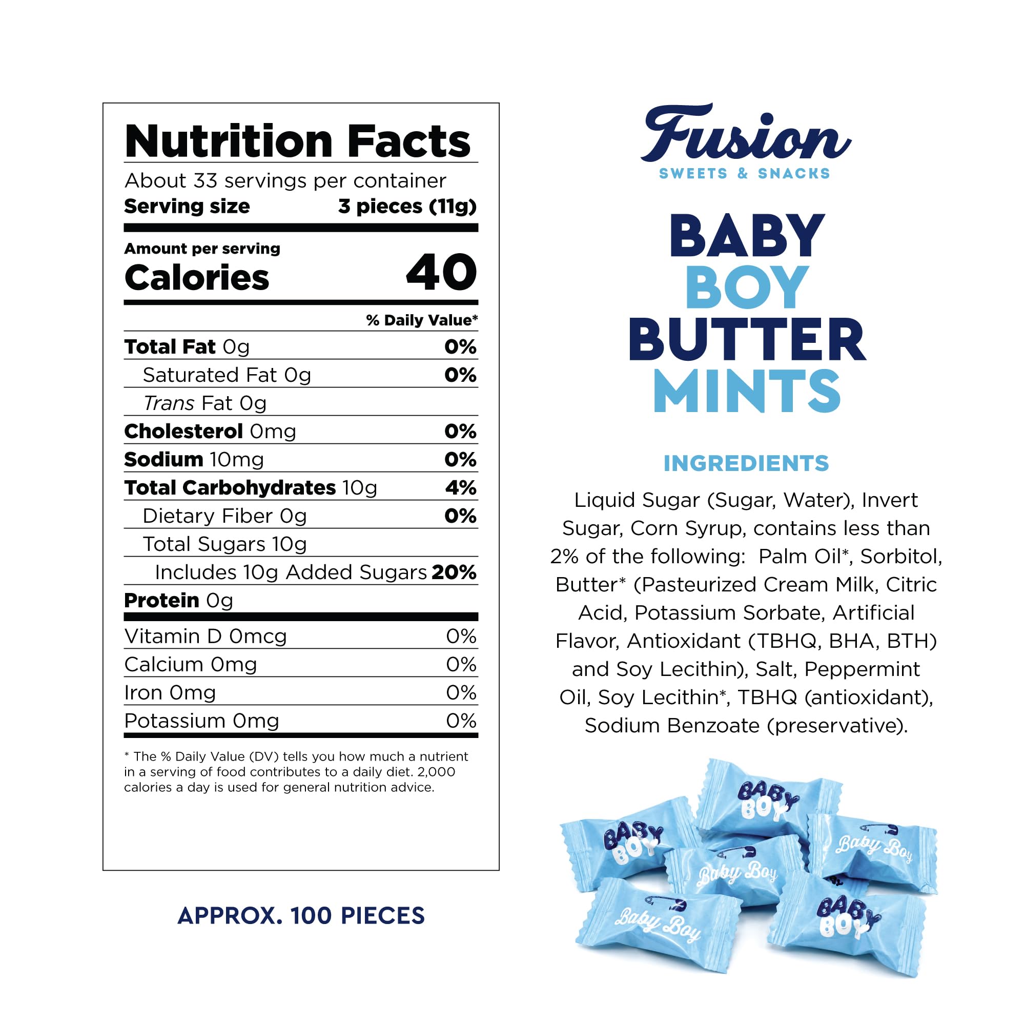 Fusion Sweets And Snacks mints poured in clear jar, decorative pop of blue for tables