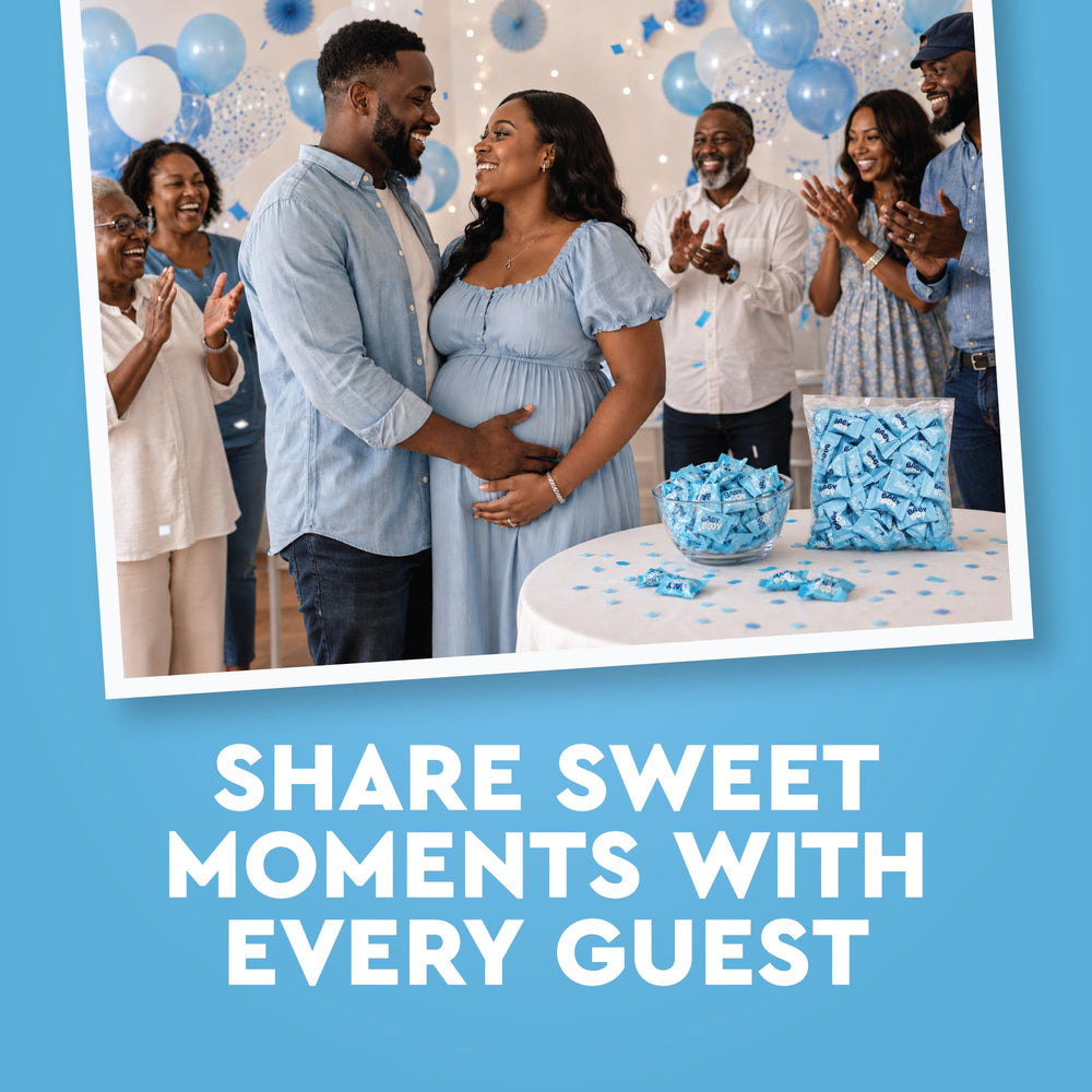 Fusion Sweets And Snacks mints scattered on dessert table, adds coordinated blue accent