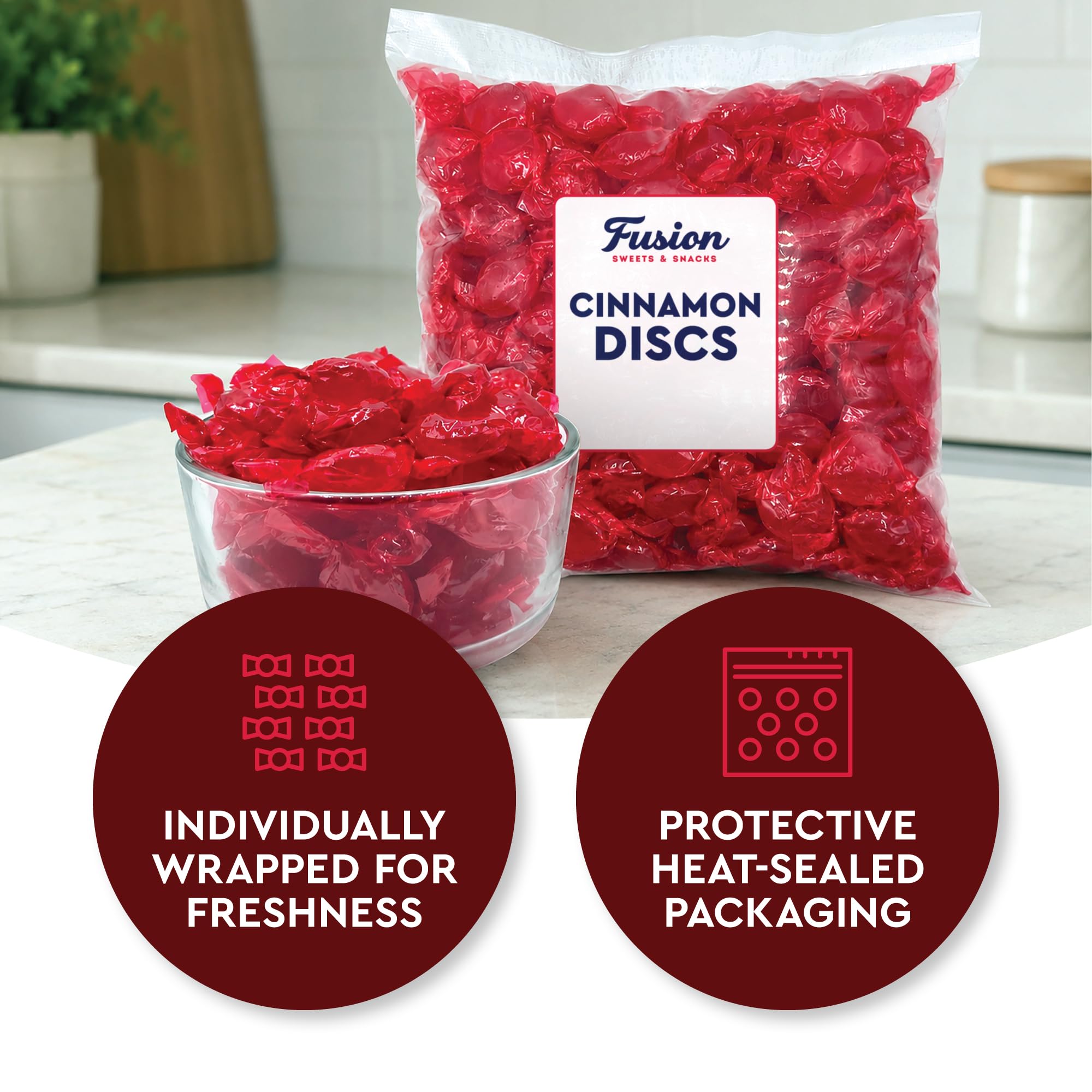 Fusion Sweets disc next to a coin size comparison showing approximate candy dimensions