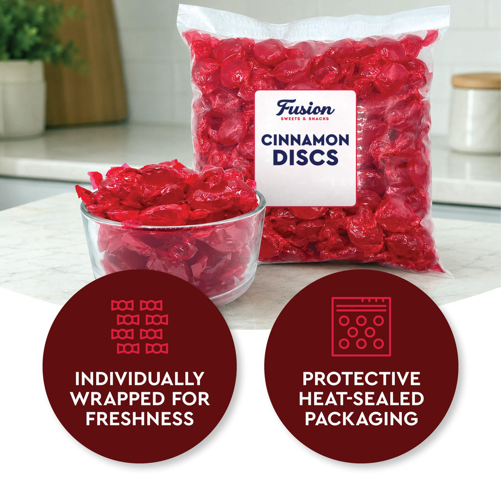 Fusion Sweets disc next to a coin size comparison showing approximate candy dimensions