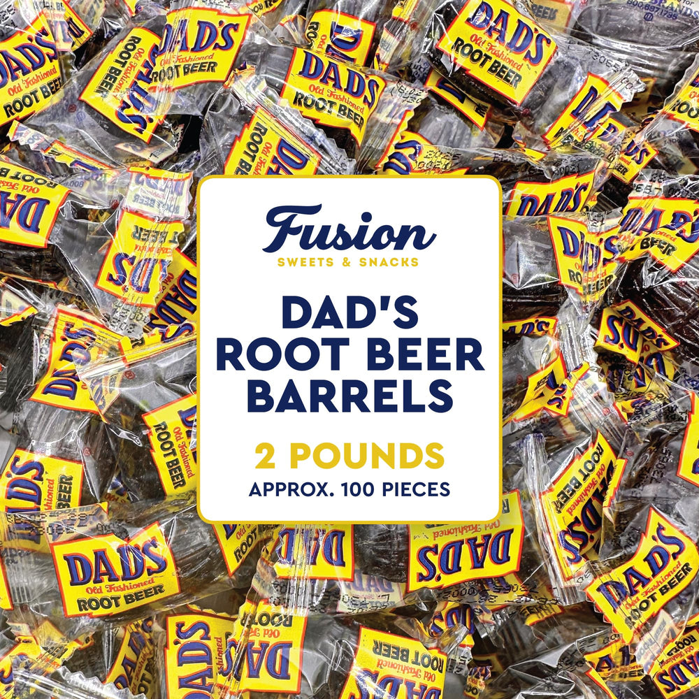 Fusion Sweets Dad's Root Beer Barrels front packaging showing bulk bag for sharing