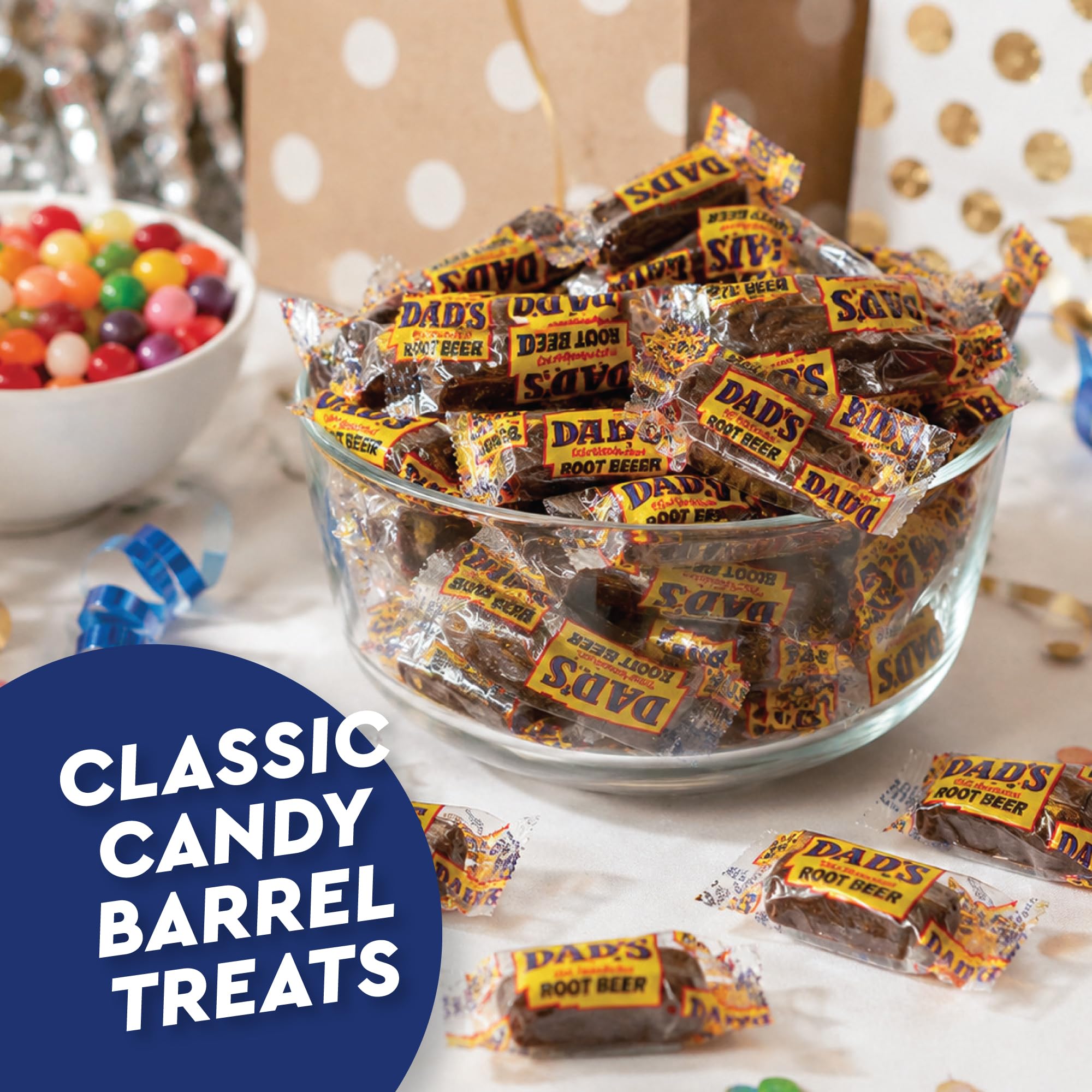 Fusion Sweets party favor bags filled with root beer barrels for event-ready treats