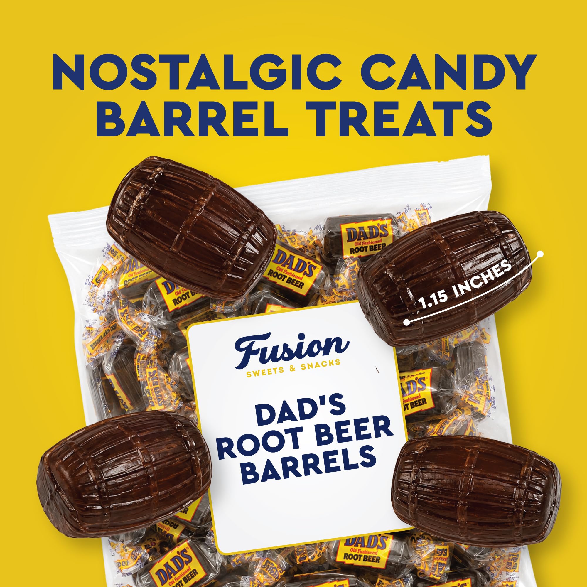 Fusion Sweets single root beer barrel candy detail showing glossy texture and flavor