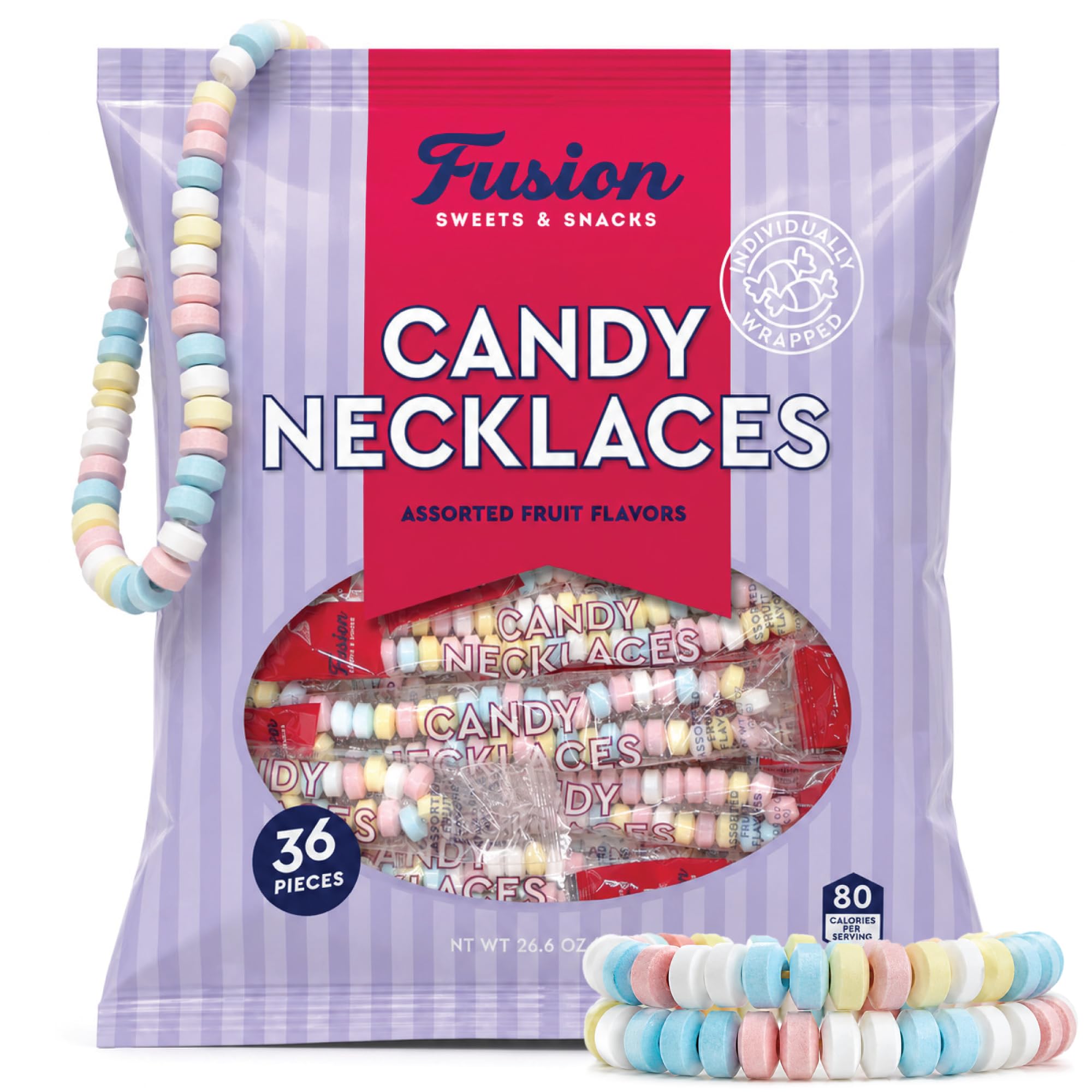Fusion Sweets front packaging shows 36-count candy necklaces for quick event planning