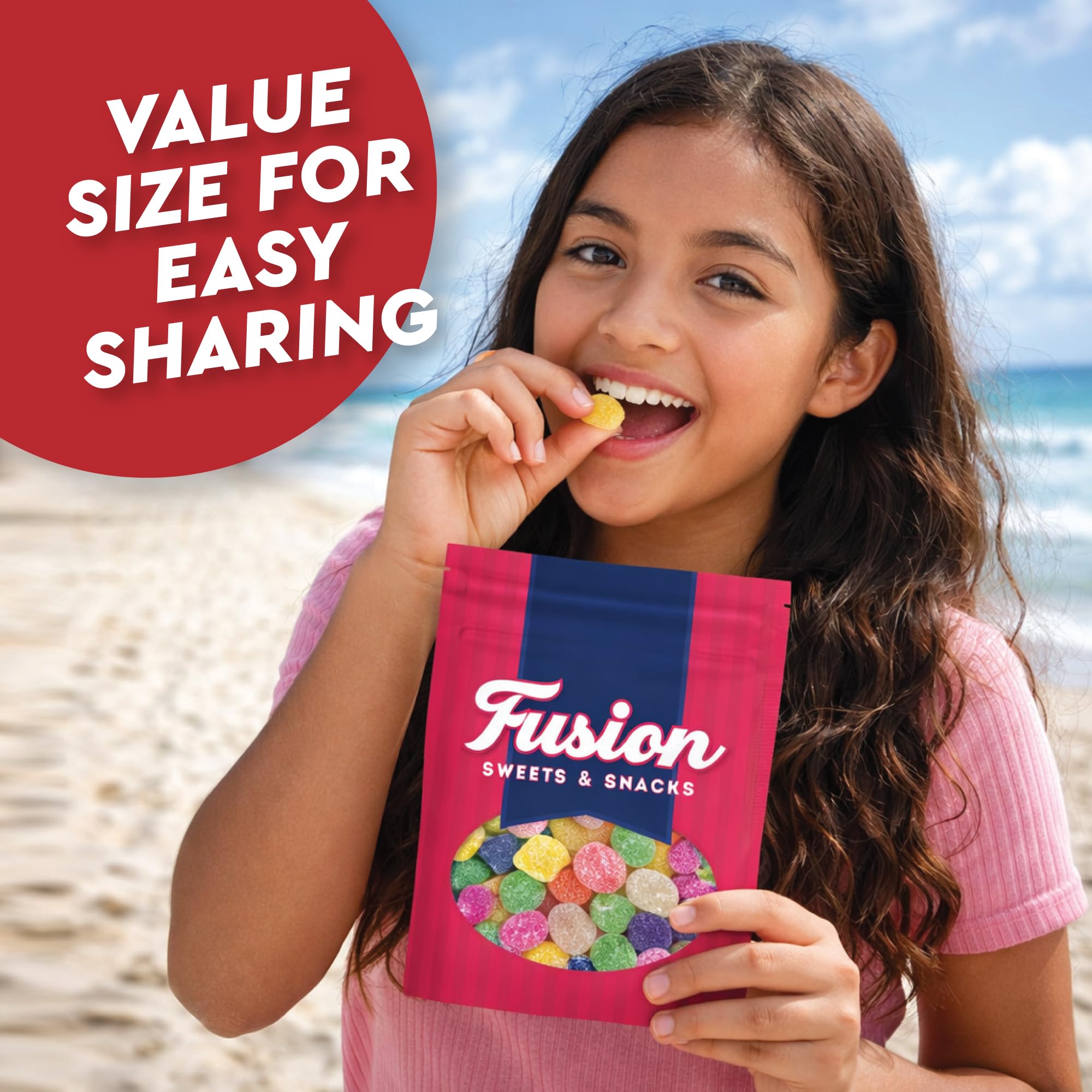 Fusion Sweets And Snacks label close-up showing flavor list and product details for shoppers