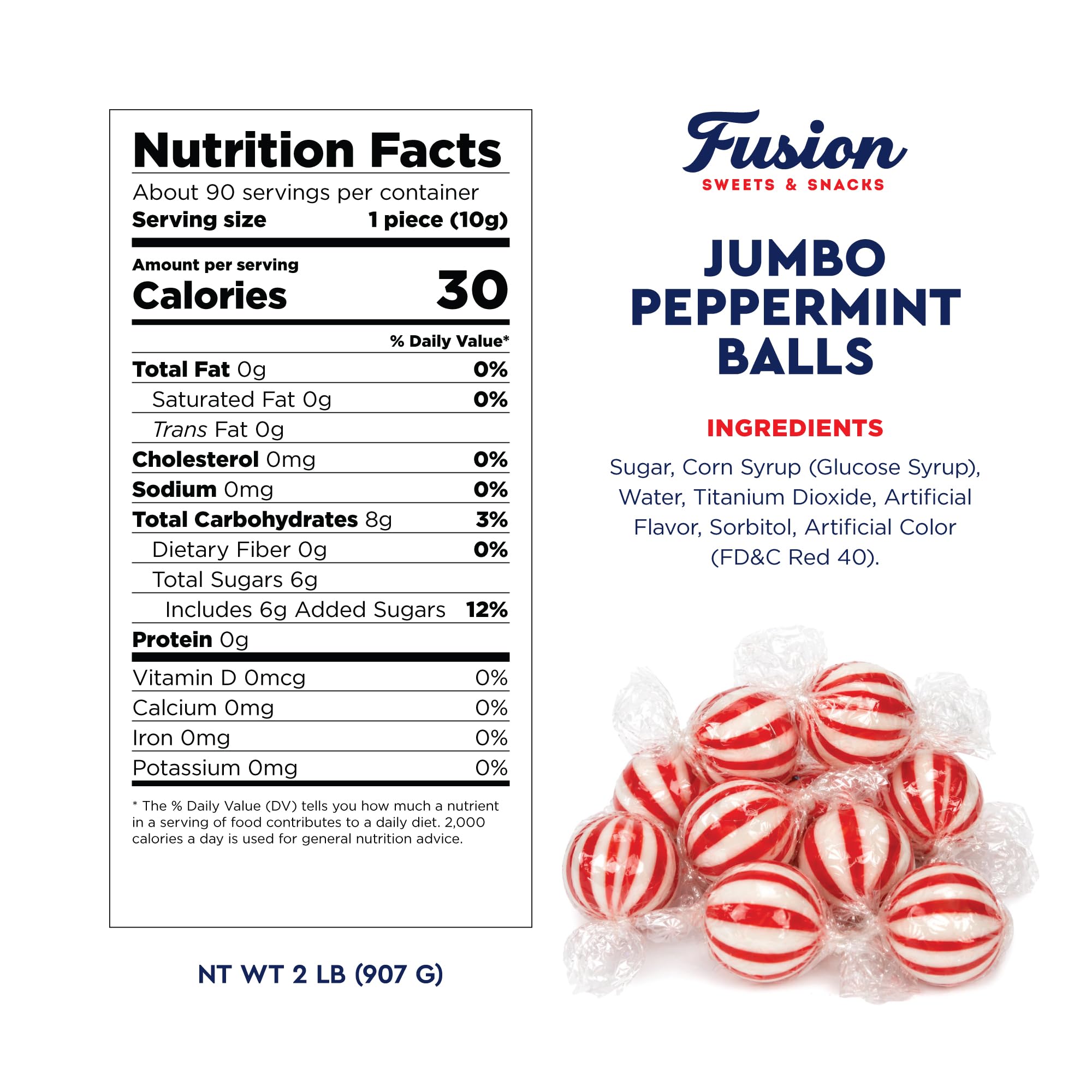 Fusion Sweets peppermint ball in hand showing true jumbo size