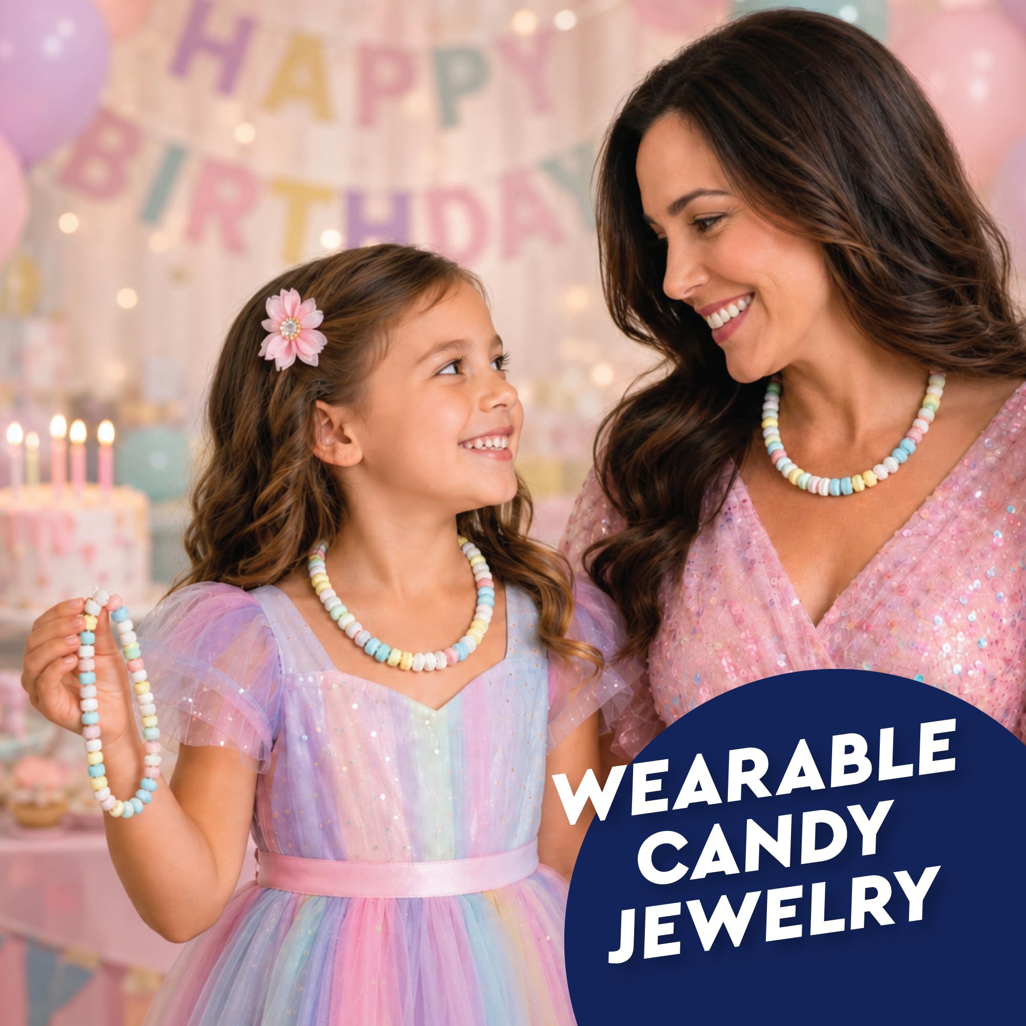 Fusion Sweets necklace placed next to ruler showing compact, kid-friendly size
