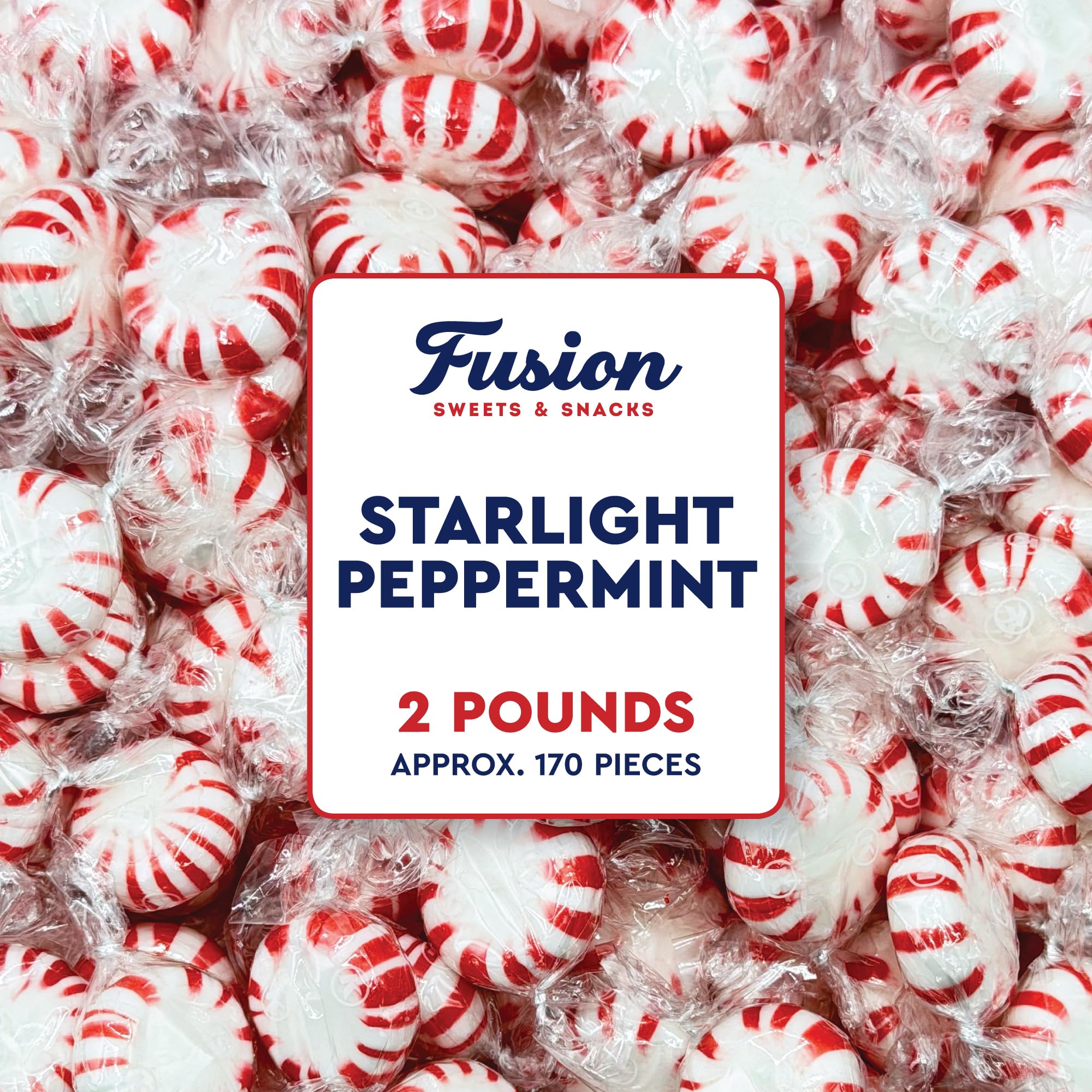Fusion Sweets And Snacks front of bag showing 2 lb peppermint bulk and packaging benefit