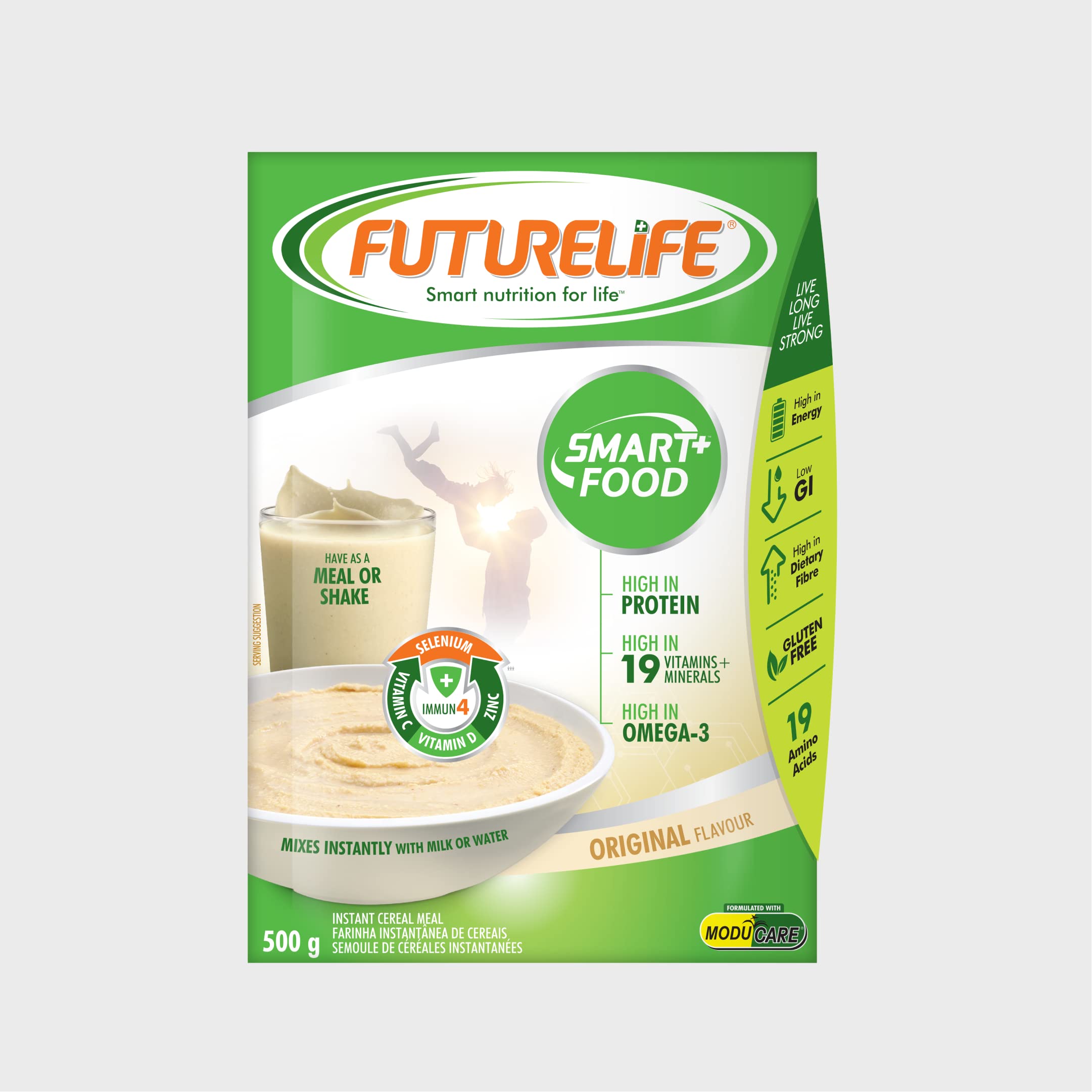 FutureLife front packaging showing 500g vanilla pack and clear branding for convenience