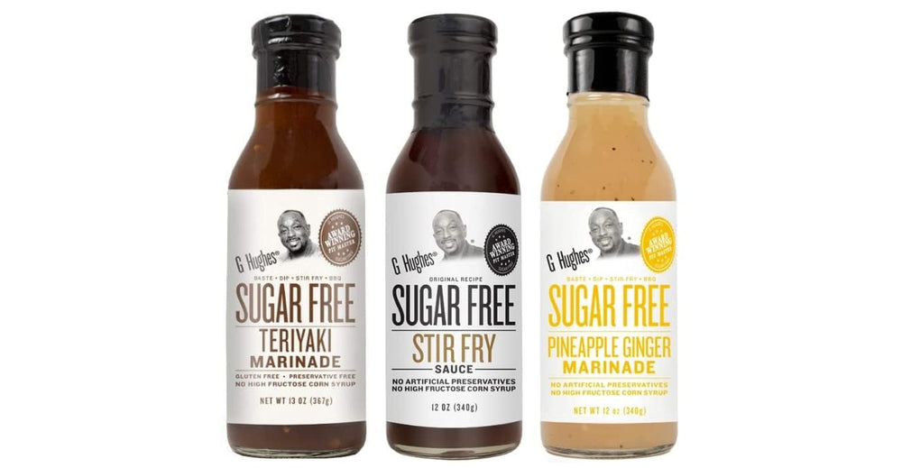 G Hughes front packaging showing three-bottle set and variety benefits
