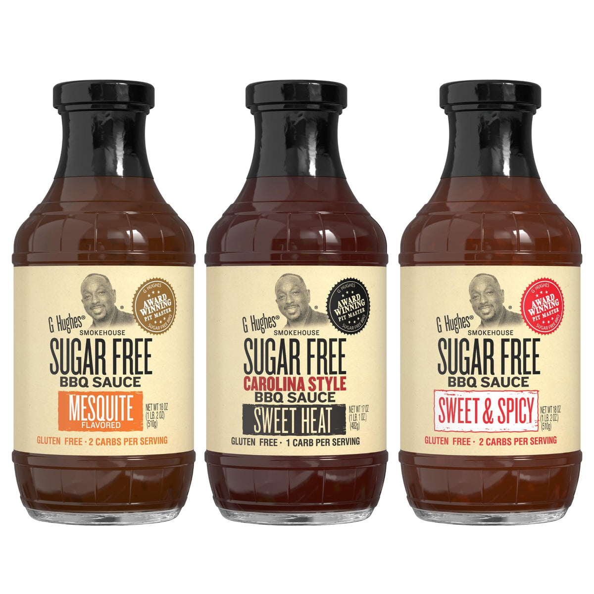 G Hughes front packaging showing three bottles and clear flavor variety benefit