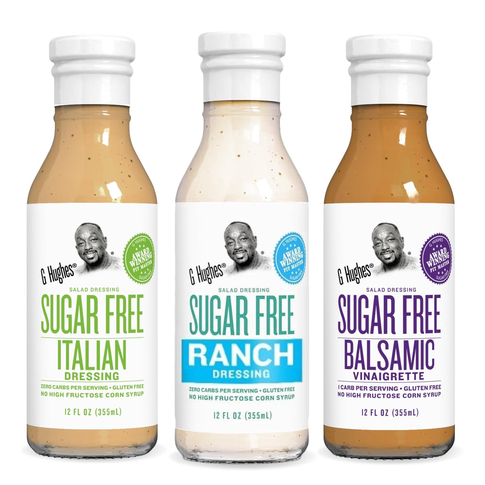 G Hughes front packaging showing three sugar-free bottles for convenient variety