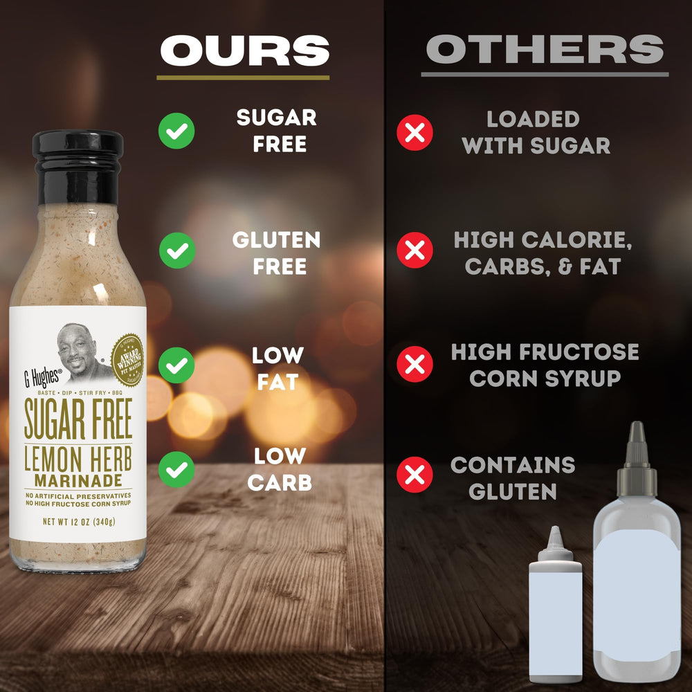 G Hughes bottle with readable ingredients label emphasizing sugar-free, gluten-free benefit