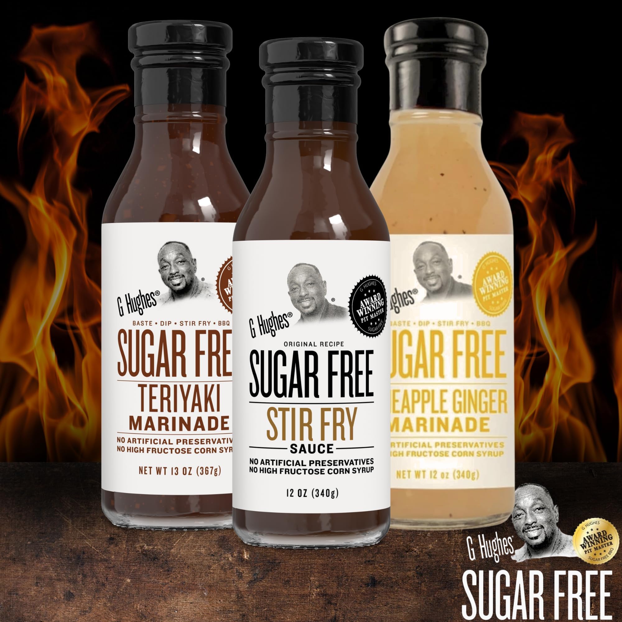 G Hughes label close-up showing ingredients and sugar-free claim clearly